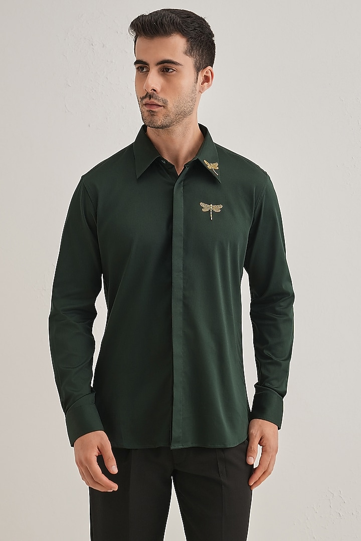 Bottle Green Cotton & Satin Hand Embroidered Party Wear Shirt by Komal Kothari at Pernia's Pop Up Shop