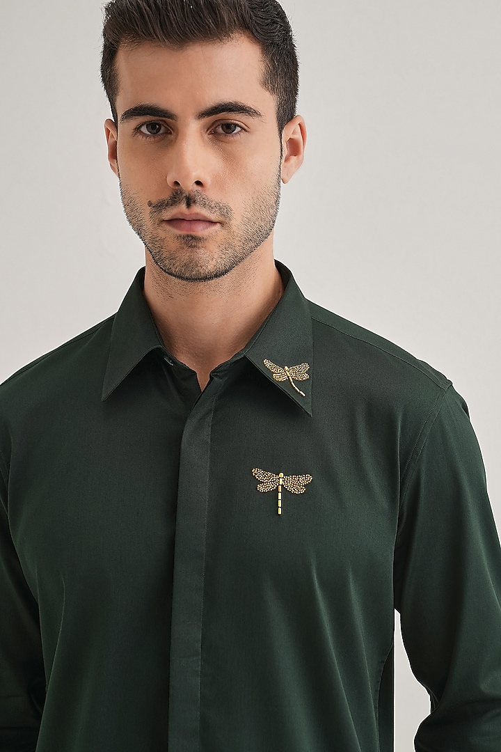 Bottle Green Cotton & Satin Hand Embroidered Party Wear Shirt by Komal Kothari at Pernia's Pop Up Shop