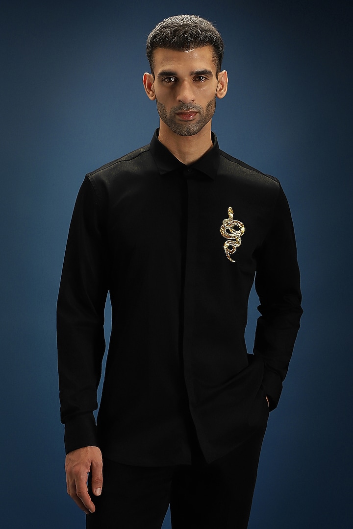 Black Cotton Hand Embroidered Party Wear Shirt by Komal Kothari at Pernia's Pop Up Shop