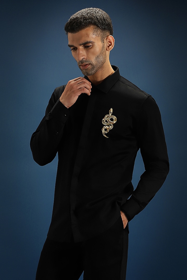 Black Cotton Hand Embroidered Party Wear Shirt by Komal Kothari at Pernia's Pop Up Shop
