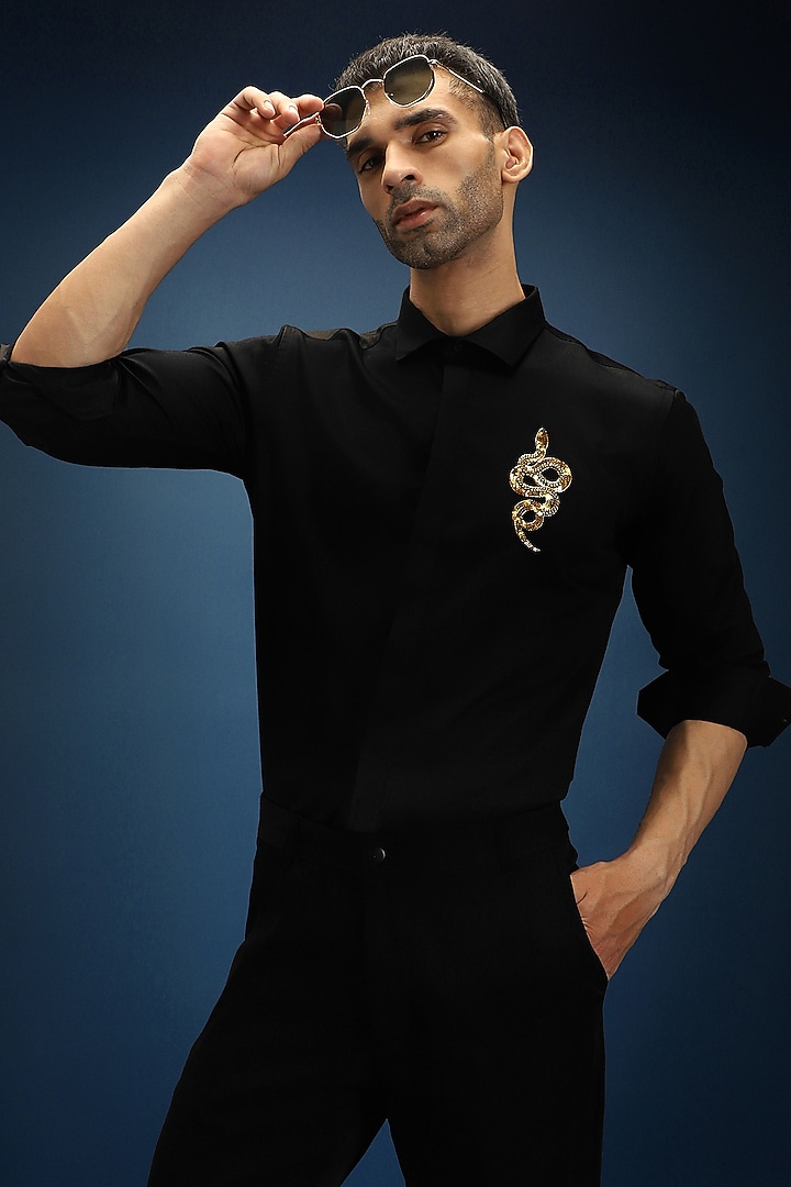 Black Cotton Hand Embroidered Party Wear Shirt by Komal Kothari at Pernia's Pop Up Shop