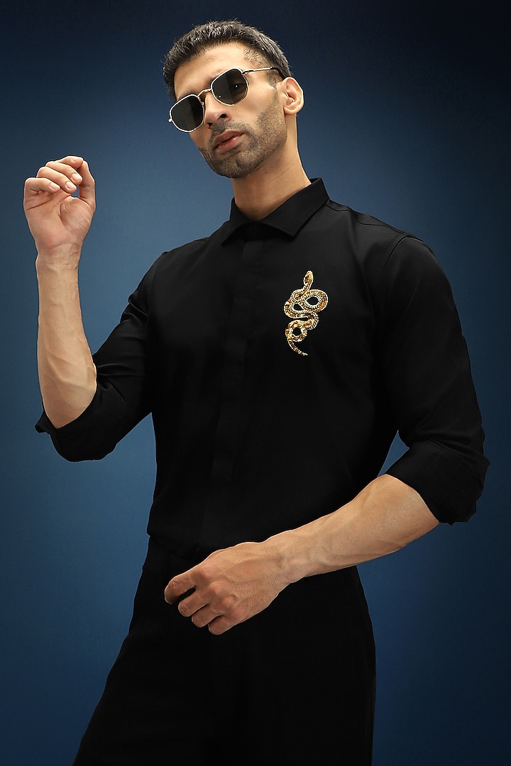 Black Cotton Hand Embroidered Party Wear Shirt by Komal Kothari at Pernia's Pop Up Shop