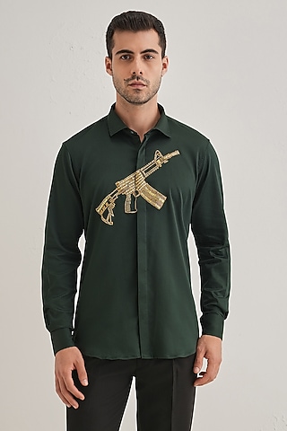 Bottle Green Cotton & Satin Hand Embroidered Shirt by Komal Kothari