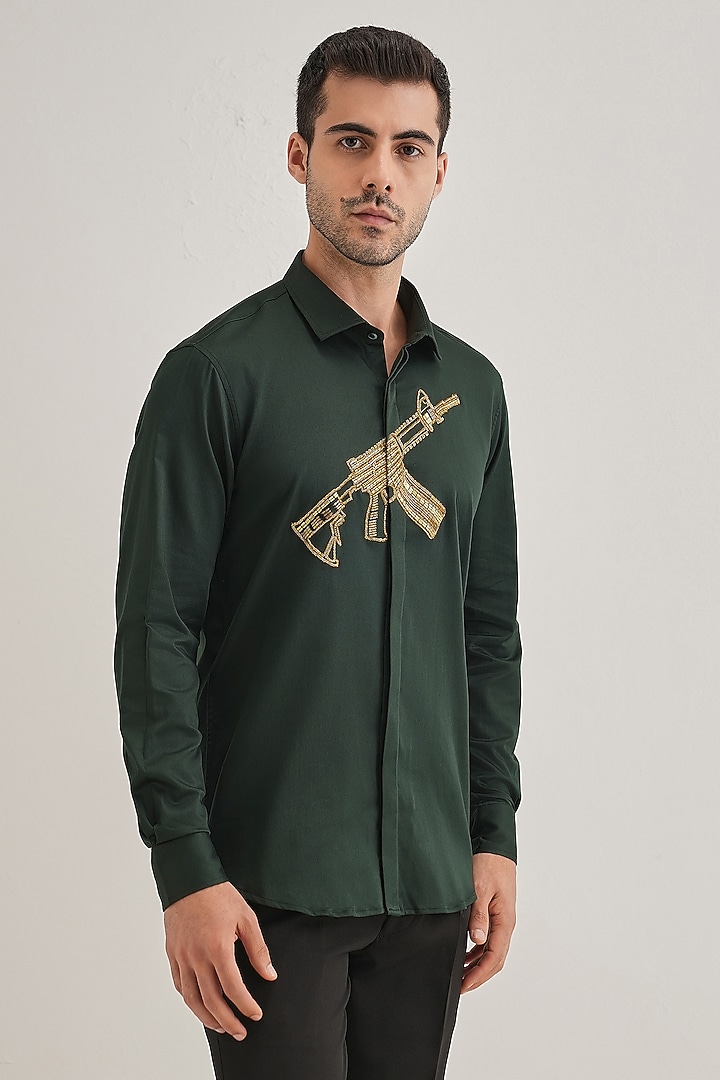 Bottle Green Cotton & Satin Hand Embroidered Party Wear Shirt by Komal Kothari at Pernia's Pop Up Shop