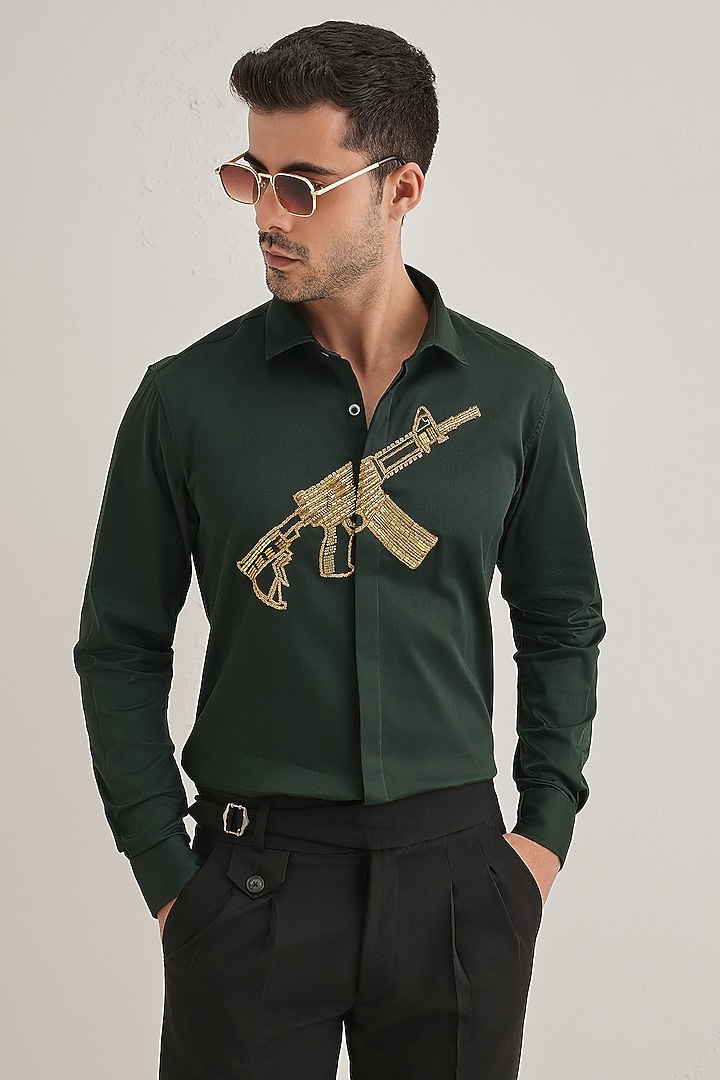 Bottle Green Cotton & Satin Hand Embroidered Party Wear Shirt by Komal Kothari at Pernia's Pop Up Shop