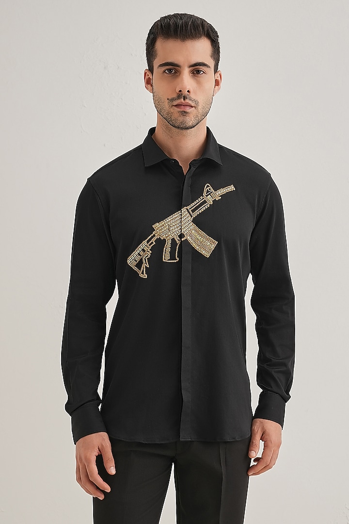 Black Cotton & Satin Hand Embroidered Party Wear Shirt by Komal Kothari at Pernia's Pop Up Shop