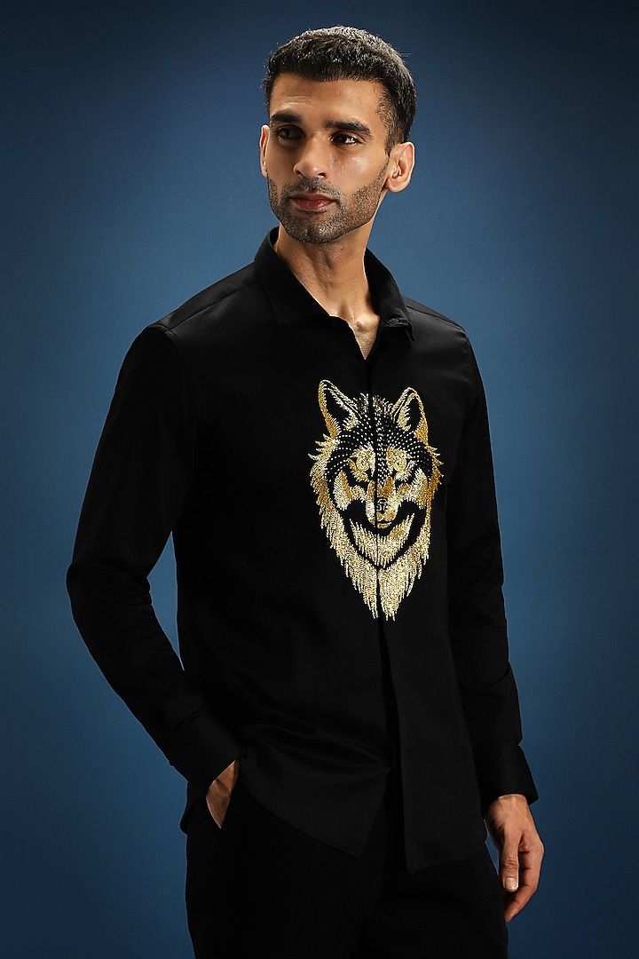 Black Cotton Hand Embroidered Party Wear Shirt by Komal Kothari at Pernia's Pop Up Shop