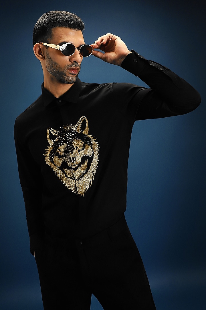 Black Cotton Hand Embroidered Party Wear Shirt by Komal Kothari at Pernia's Pop Up Shop