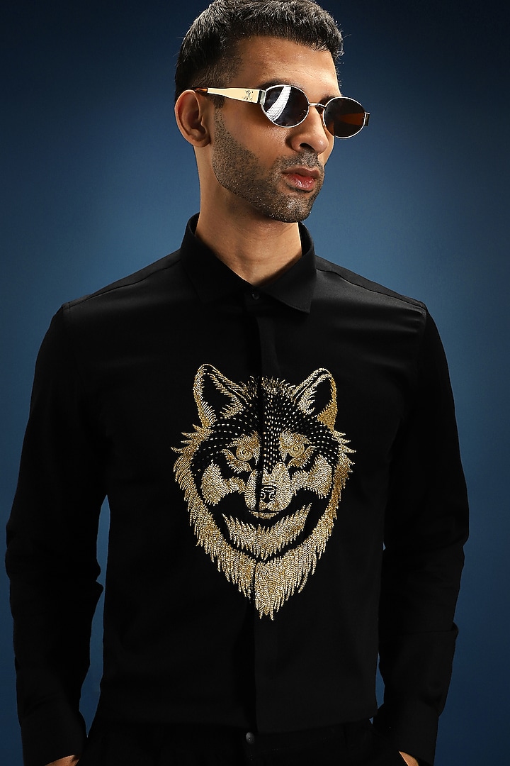 Black Cotton Hand Embroidered Party Wear Shirt by Komal Kothari at Pernia's Pop Up Shop