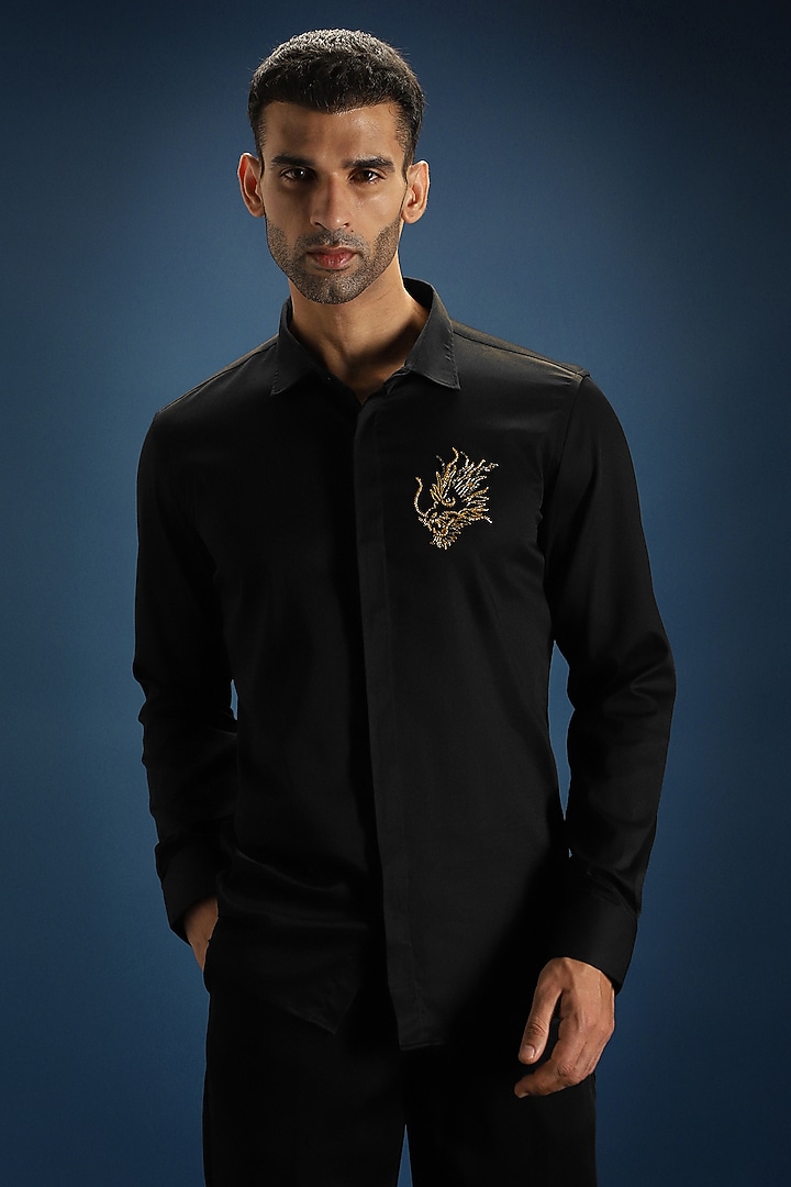 Black Cotton Hand Embroidered Party Wear Shirt by Komal Kothari at Pernia's Pop Up Shop