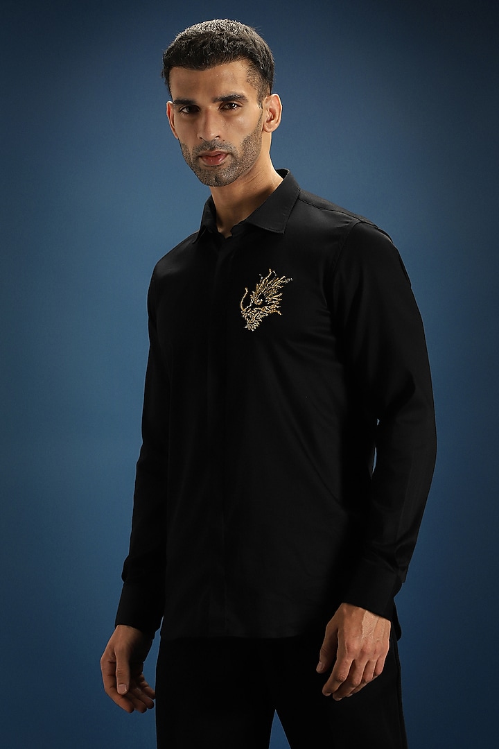 Black Cotton Hand Embroidered Party Wear Shirt by Komal Kothari at Pernia's Pop Up Shop