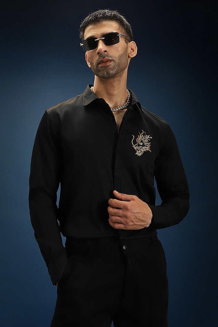 Black Cotton Hand Embroidered Party Wear Shirt by Komal Kothari at Pernia's Pop Up Shop