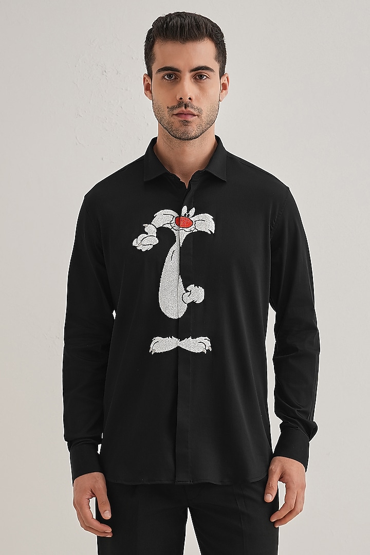 Black Cotton & Satin Hand Embroidered Party Wear Shirt by Komal Kothari at Pernia's Pop Up Shop