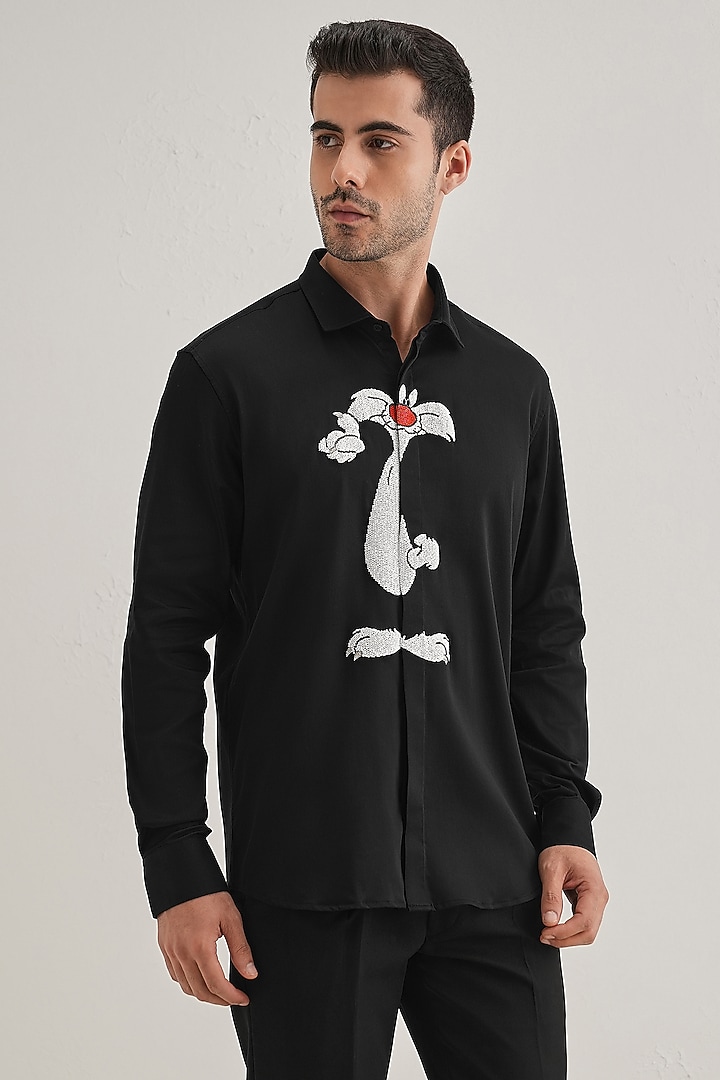 Black Cotton & Satin Hand Embroidered Party Wear Shirt by Komal Kothari at Pernia's Pop Up Shop