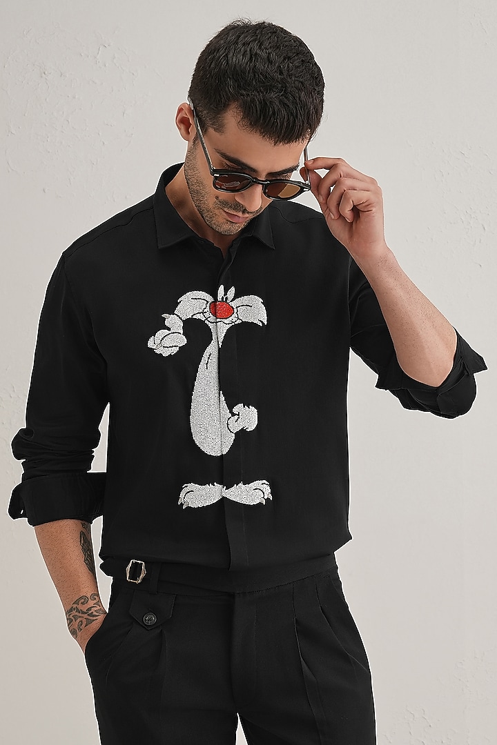 Black Cotton & Satin Hand Embroidered Party Wear Shirt by Komal Kothari at Pernia's Pop Up Shop