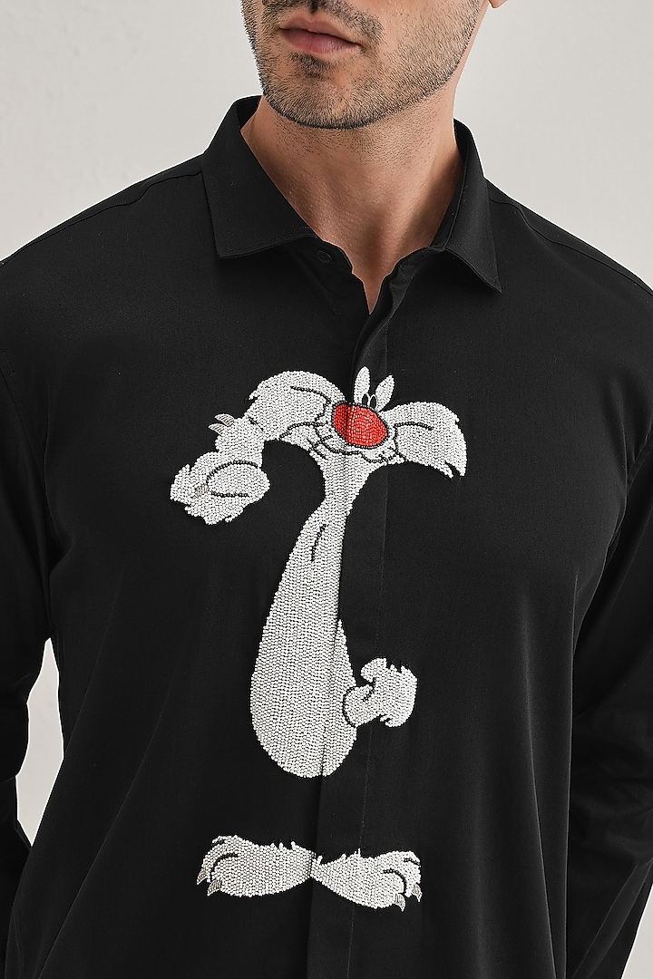 Black Cotton & Satin Hand Embroidered Party Wear Shirt by Komal Kothari at Pernia's Pop Up Shop