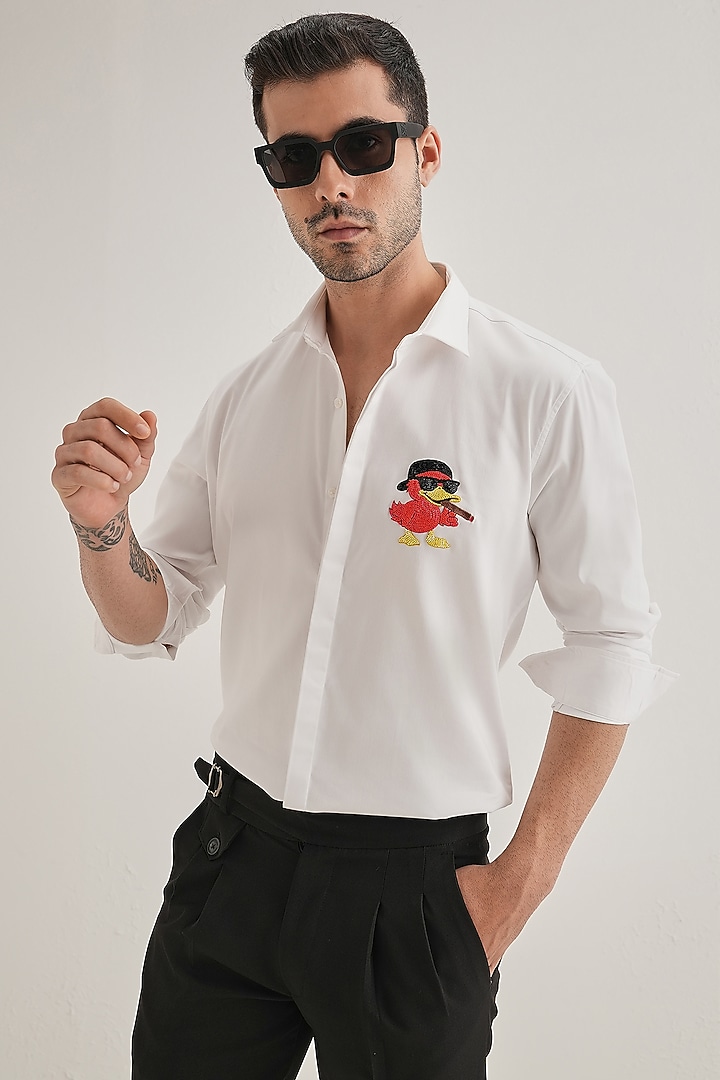 White Cotton & Satin Hand Embroidered Party Wear Shirt by Komal Kothari at Pernia's Pop Up Shop