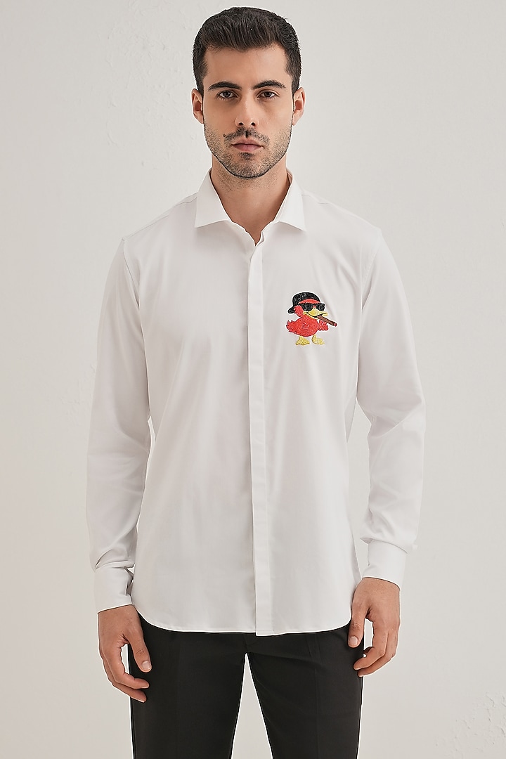 White Cotton & Satin Hand Embroidered Party Wear Shirt by Komal Kothari at Pernia's Pop Up Shop
