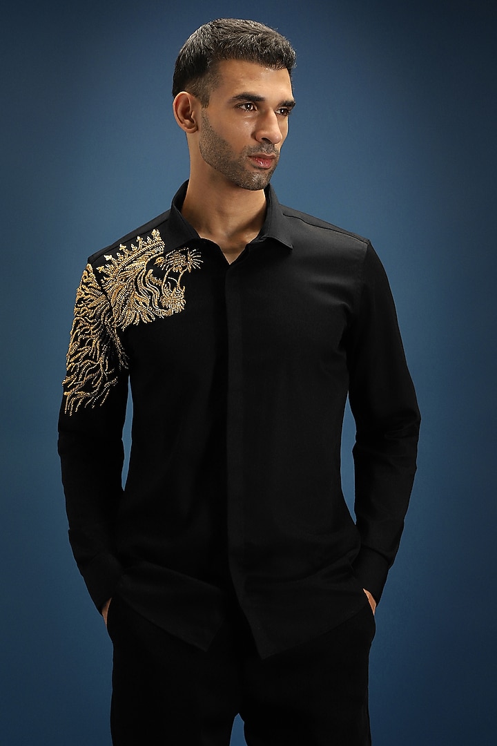 Black Cotton Hand Embroidered Party Wear Shirt by Komal Kothari at Pernia's Pop Up Shop