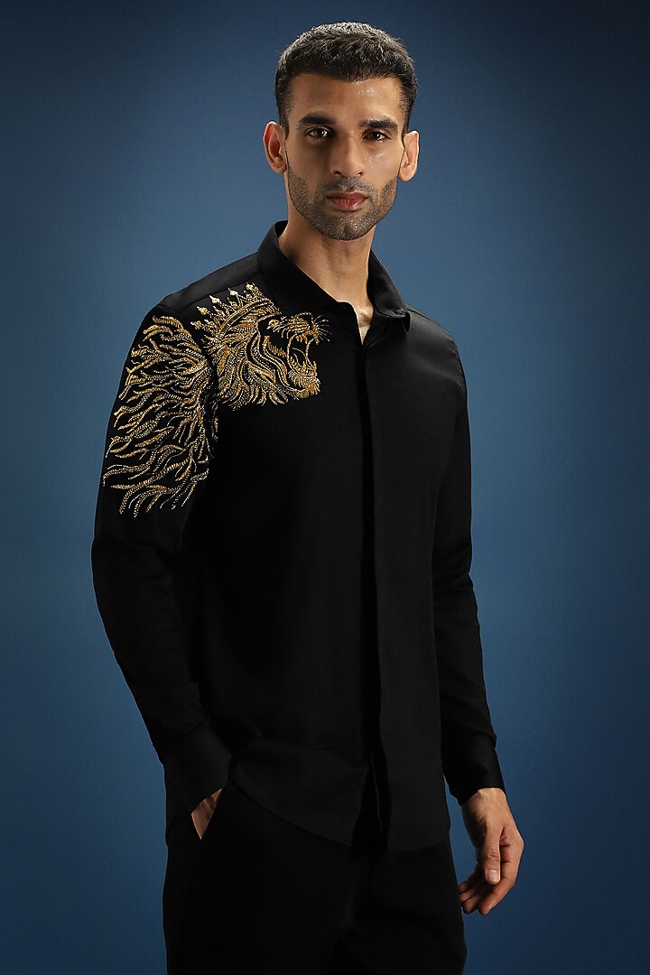 Black Cotton Hand Embroidered Party Wear Shirt by Komal Kothari at Pernia's Pop Up Shop