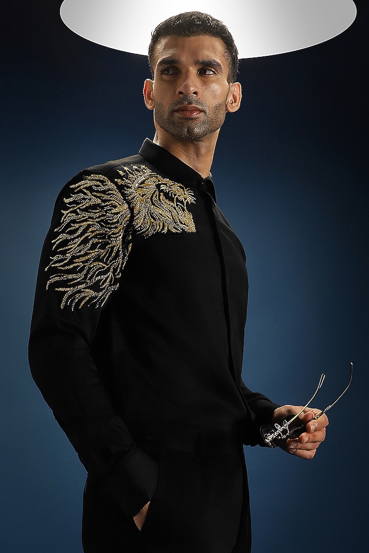 Black Cotton Hand Embroidered Party Wear Shirt by Komal Kothari at Pernia's Pop Up Shop