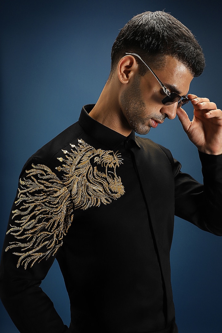 Black Cotton Hand Embroidered Party Wear Shirt by Komal Kothari at Pernia's Pop Up Shop