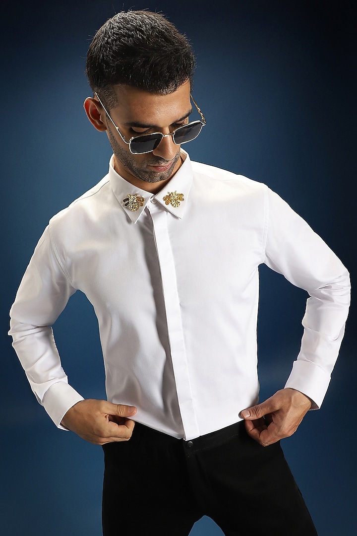 White Cotton & Satin Hand Embroidered Party Wear Shirt by Komal Kothari at Pernia's Pop Up Shop