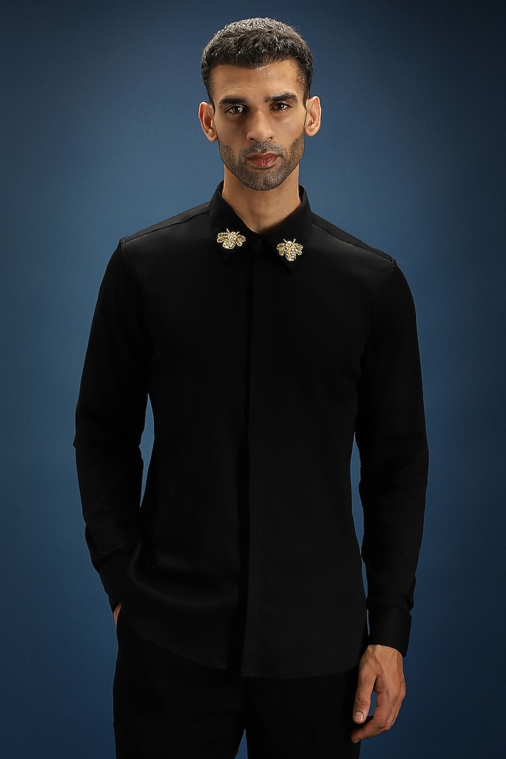 Black Cotton Hand Embroidered Party Wear Shirt by Komal Kothari at Pernia's Pop Up Shop