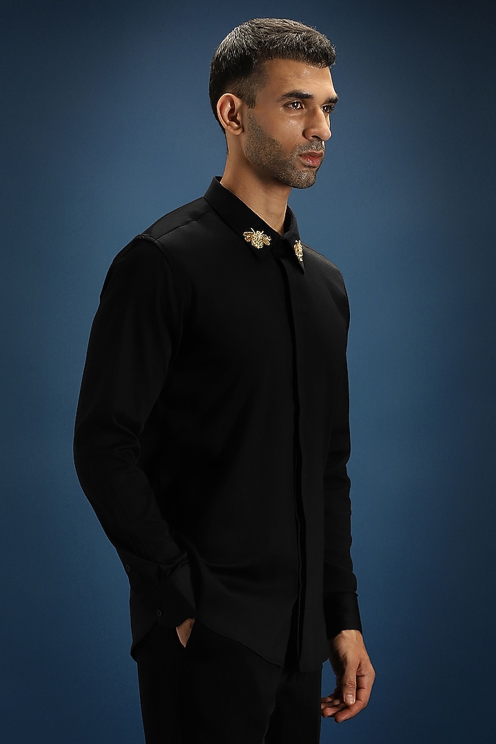 Black Cotton Hand Embroidered Party Wear Shirt by Komal Kothari at Pernia's Pop Up Shop