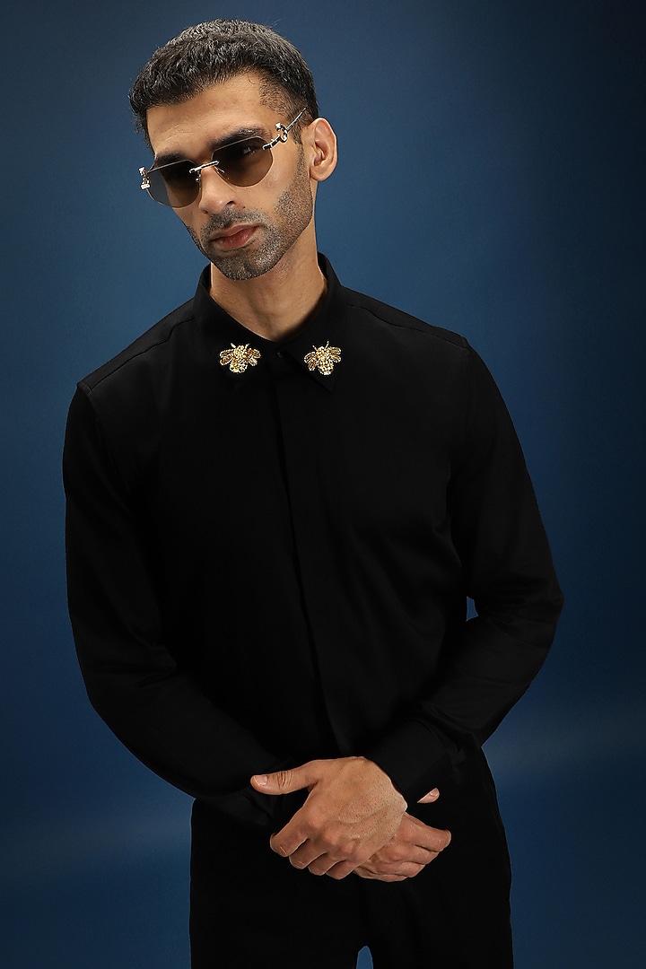 Black Cotton Hand Embroidered Party Wear Shirt by Komal Kothari at Pernia's Pop Up Shop