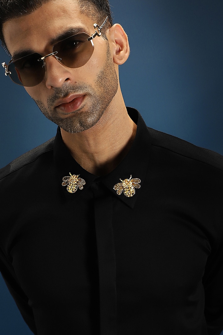 Black Cotton Hand Embroidered Party Wear Shirt by Komal Kothari at Pernia's Pop Up Shop