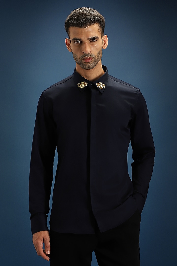 Navy Blue Cotton Hand Embroidered Party Wear Shirt by Komal Kothari at Pernia's Pop Up Shop