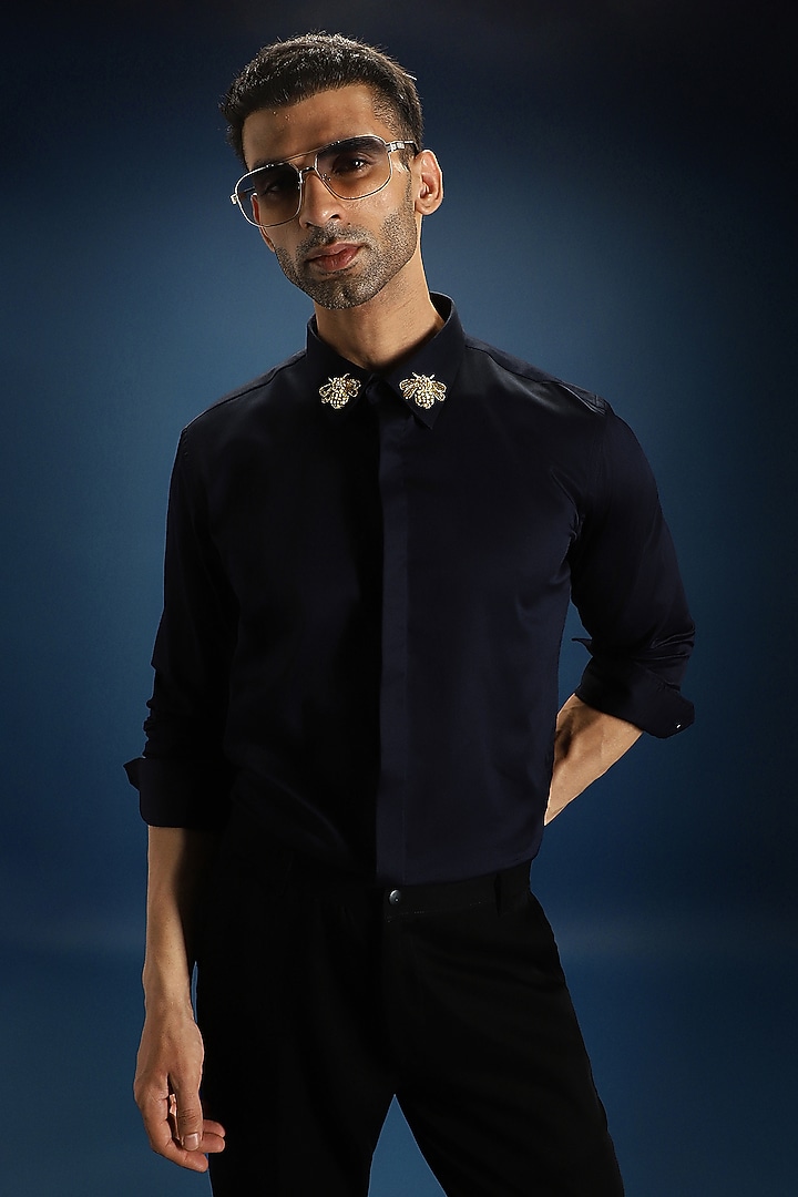 Navy Blue Cotton Hand Embroidered Party Wear Shirt by Komal Kothari at Pernia's Pop Up Shop