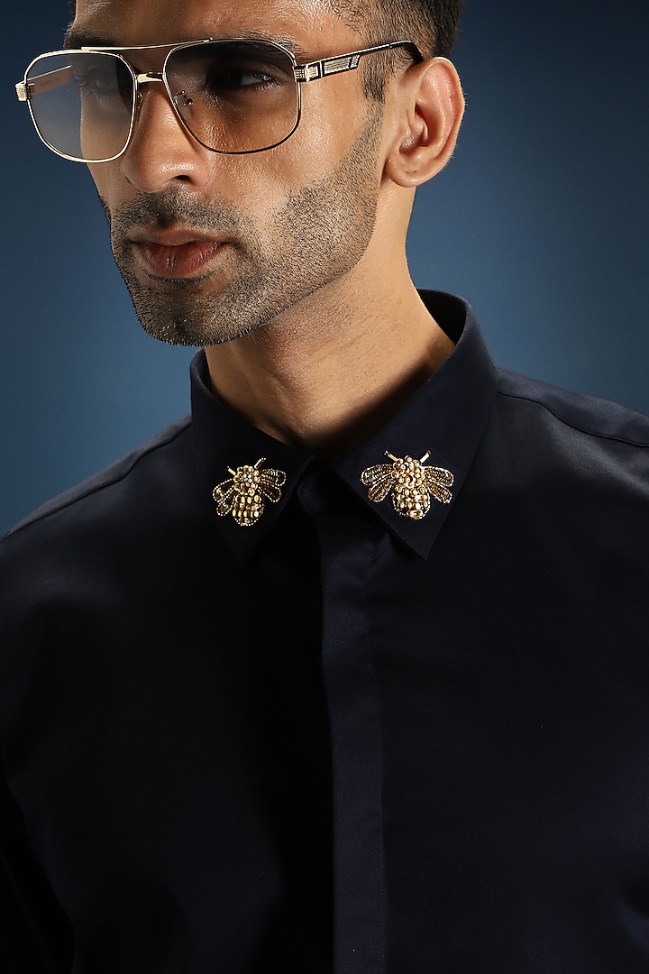 Navy Blue Cotton Hand Embroidered Party Wear Shirt by Komal Kothari at Pernia's Pop Up Shop