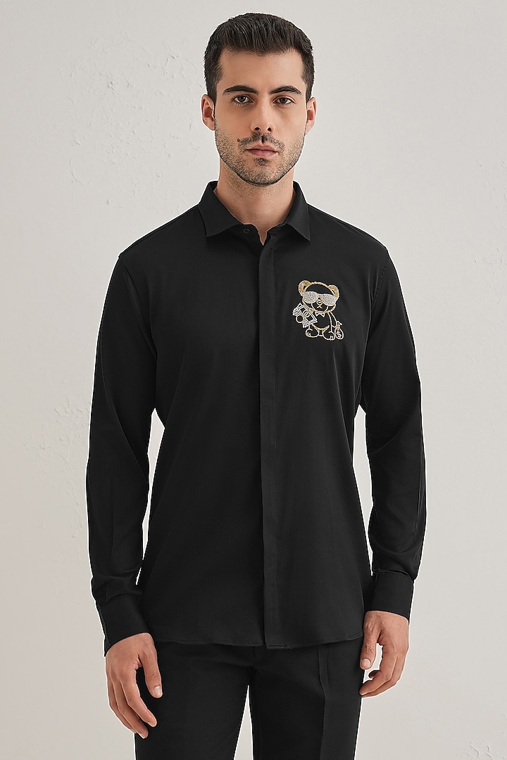 Black Cotton & Satin Hand Embroidered Party Wear Shirt by Komal Kothari at Pernia's Pop Up Shop