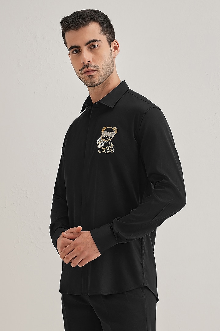 Black Cotton & Satin Hand Embroidered Party Wear Shirt by Komal Kothari at Pernia's Pop Up Shop