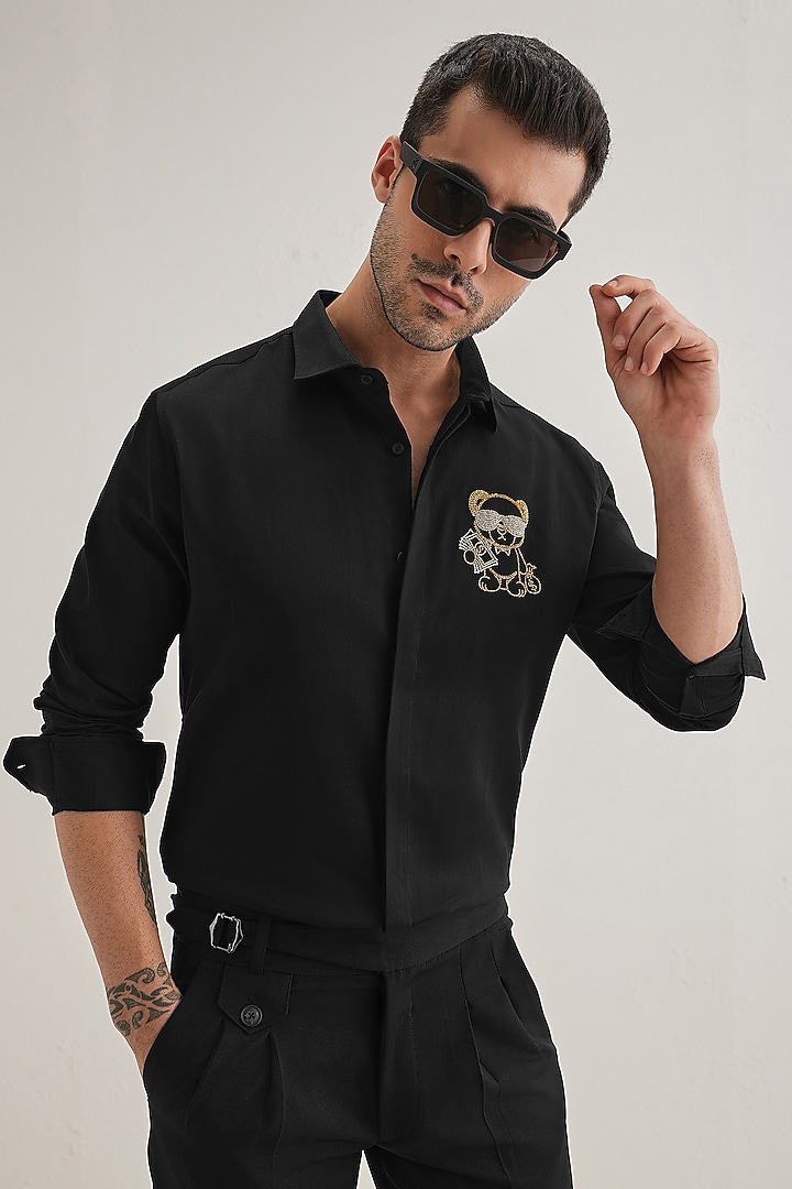 Black Cotton & Satin Hand Embroidered Party Wear Shirt by Komal Kothari at Pernia's Pop Up Shop