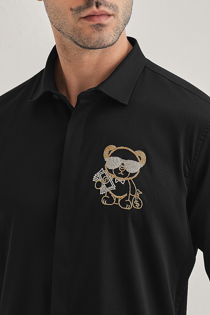 Black Cotton & Satin Hand Embroidered Party Wear Shirt by Komal Kothari at Pernia's Pop Up Shop