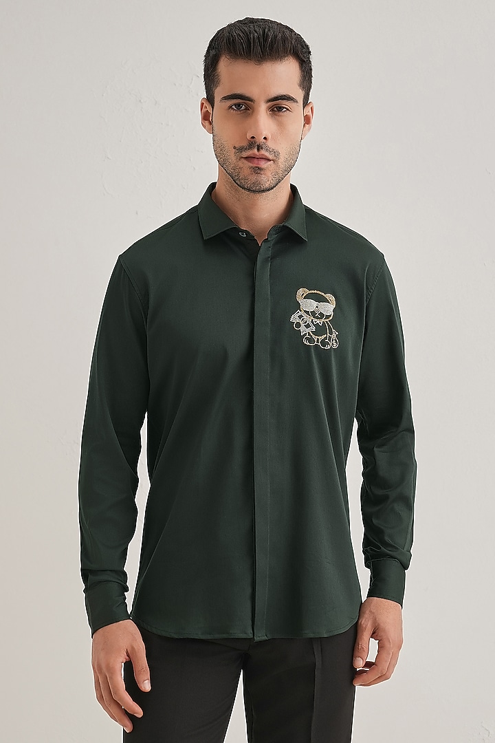 Bottle Green Cotton & Satin Hand Embroidered Party Wear Shirt by Komal Kothari at Pernia's Pop Up Shop