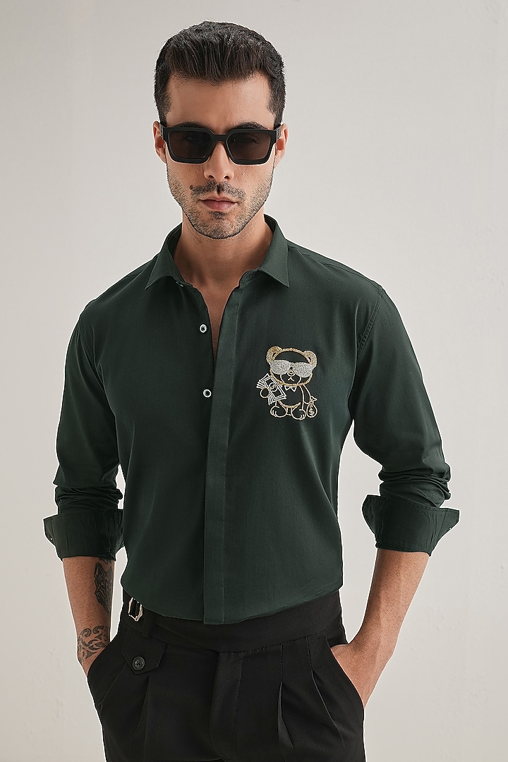 Bottle Green Cotton & Satin Hand Embroidered Party Wear Shirt by Komal Kothari at Pernia's Pop Up Shop