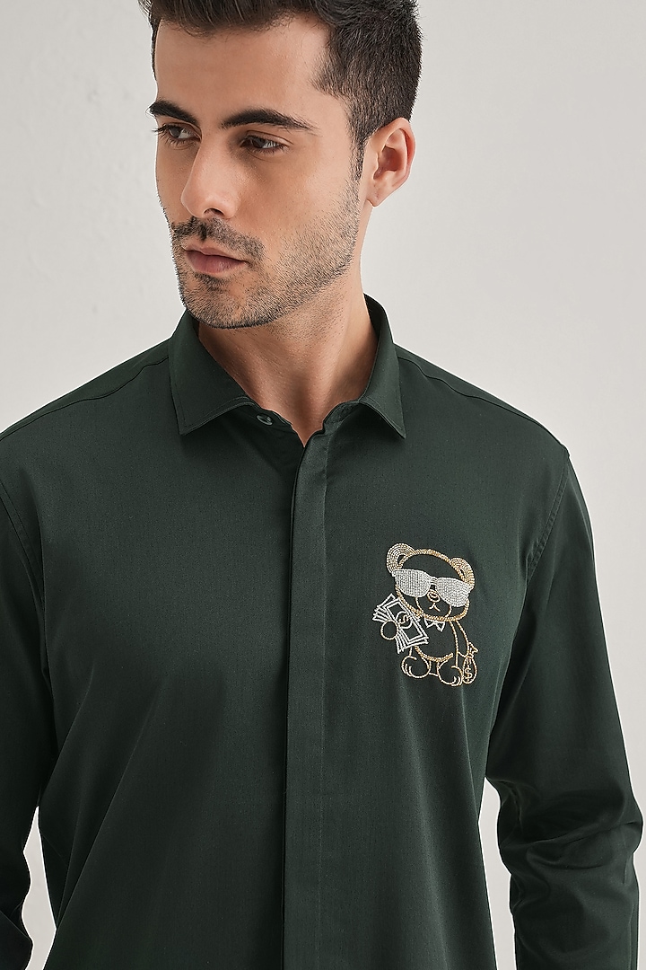 Bottle Green Cotton & Satin Hand Embroidered Party Wear Shirt by Komal Kothari at Pernia's Pop Up Shop