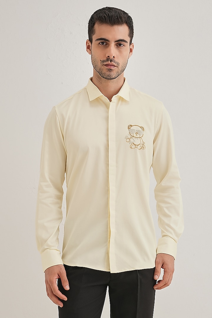 Ivory Cotton & Satin Hand Embroidered Party Wear Shirt by Komal Kothari at Pernia's Pop Up Shop