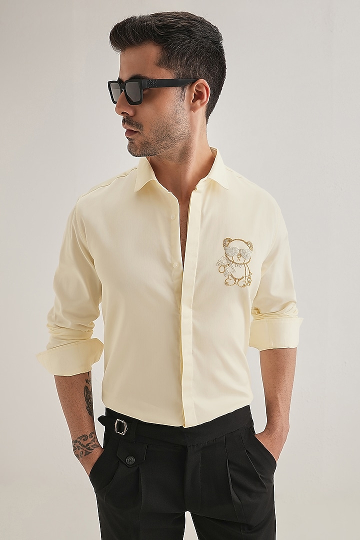 Ivory Cotton & Satin Hand Embroidered Party Wear Shirt by Komal Kothari at Pernia's Pop Up Shop