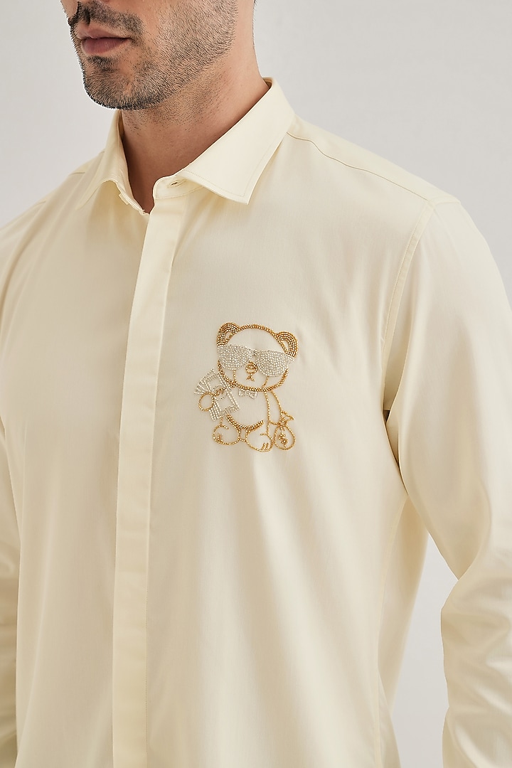 Ivory Cotton & Satin Hand Embroidered Party Wear Shirt by Komal Kothari at Pernia's Pop Up Shop