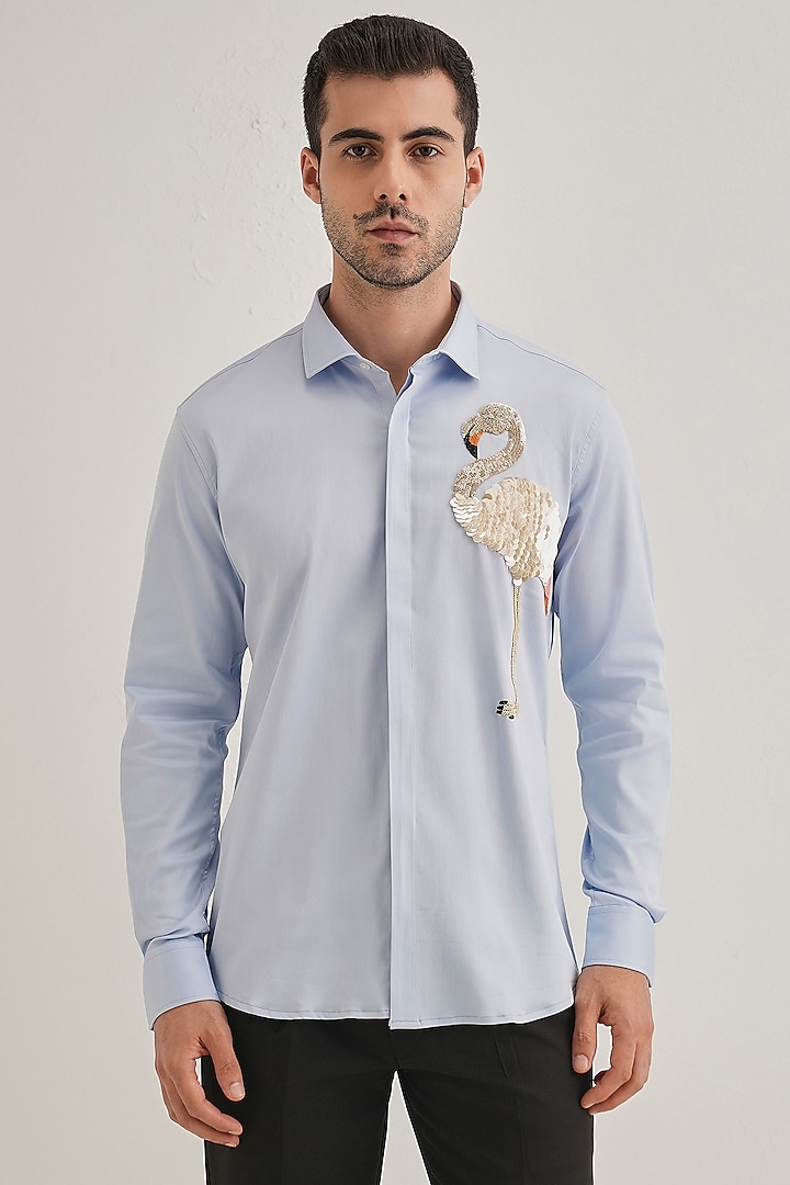 Powder Blue Cotton & Satin Hand Embroidered Party Wear Shirt by Komal Kothari at Pernia's Pop Up Shop