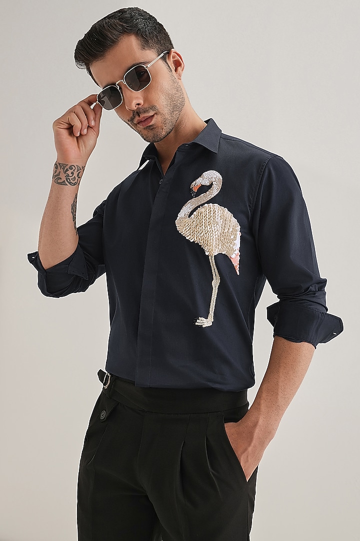 Navy Cotton & Satin Hand Embroidered Party Wear Shirt by Komal Kothari at Pernia's Pop Up Shop