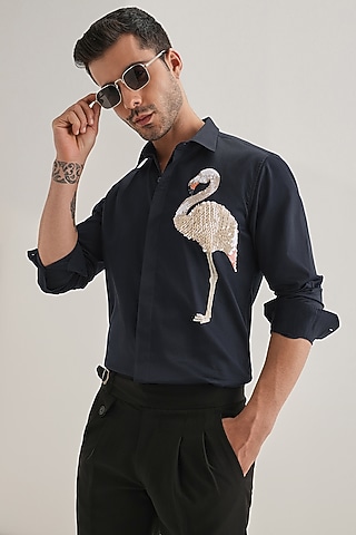 Navy Cotton & Satin Hand Embroidered Shirt by Komal Kothari