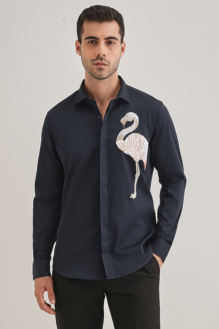 Navy Cotton & Satin Hand Embroidered Party Wear Shirt by Komal Kothari at Pernia's Pop Up Shop