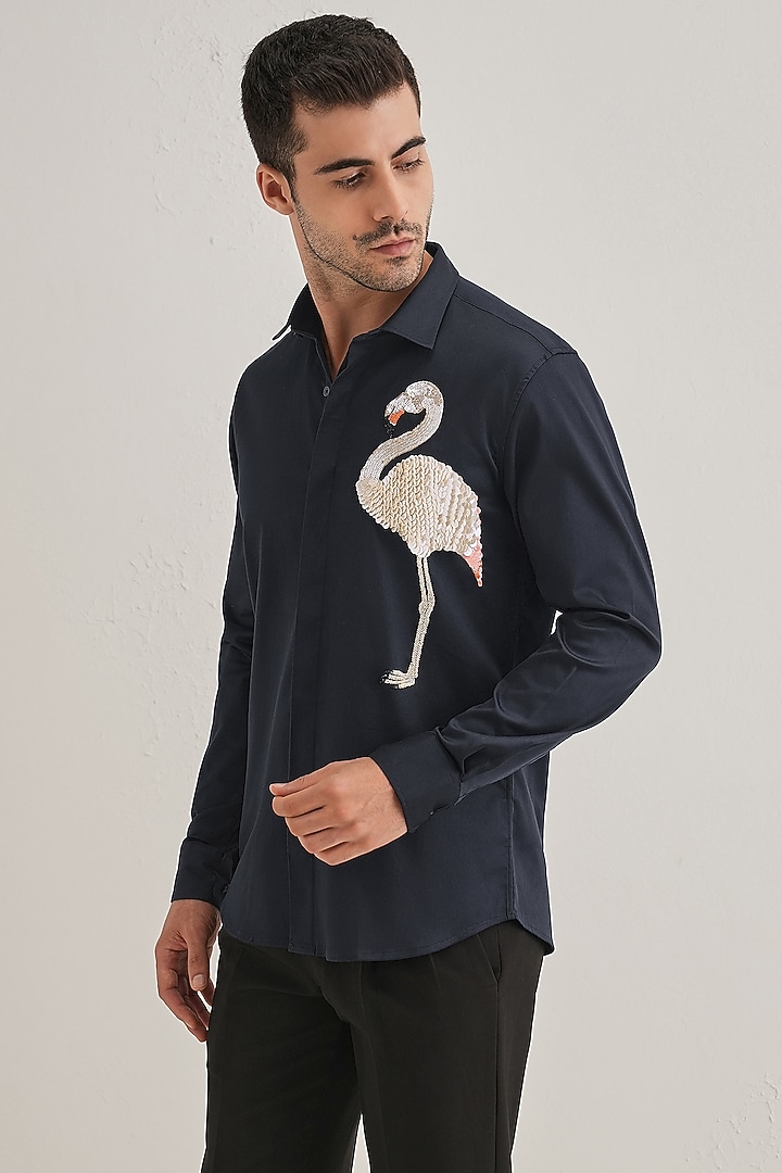 Navy Cotton & Satin Hand Embroidered Party Wear Shirt by Komal Kothari at Pernia's Pop Up Shop