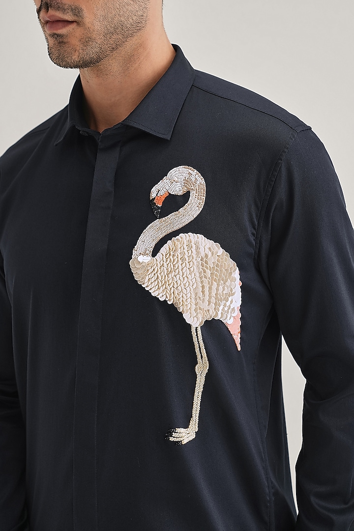 Navy Cotton & Satin Hand Embroidered Party Wear Shirt by Komal Kothari at Pernia's Pop Up Shop